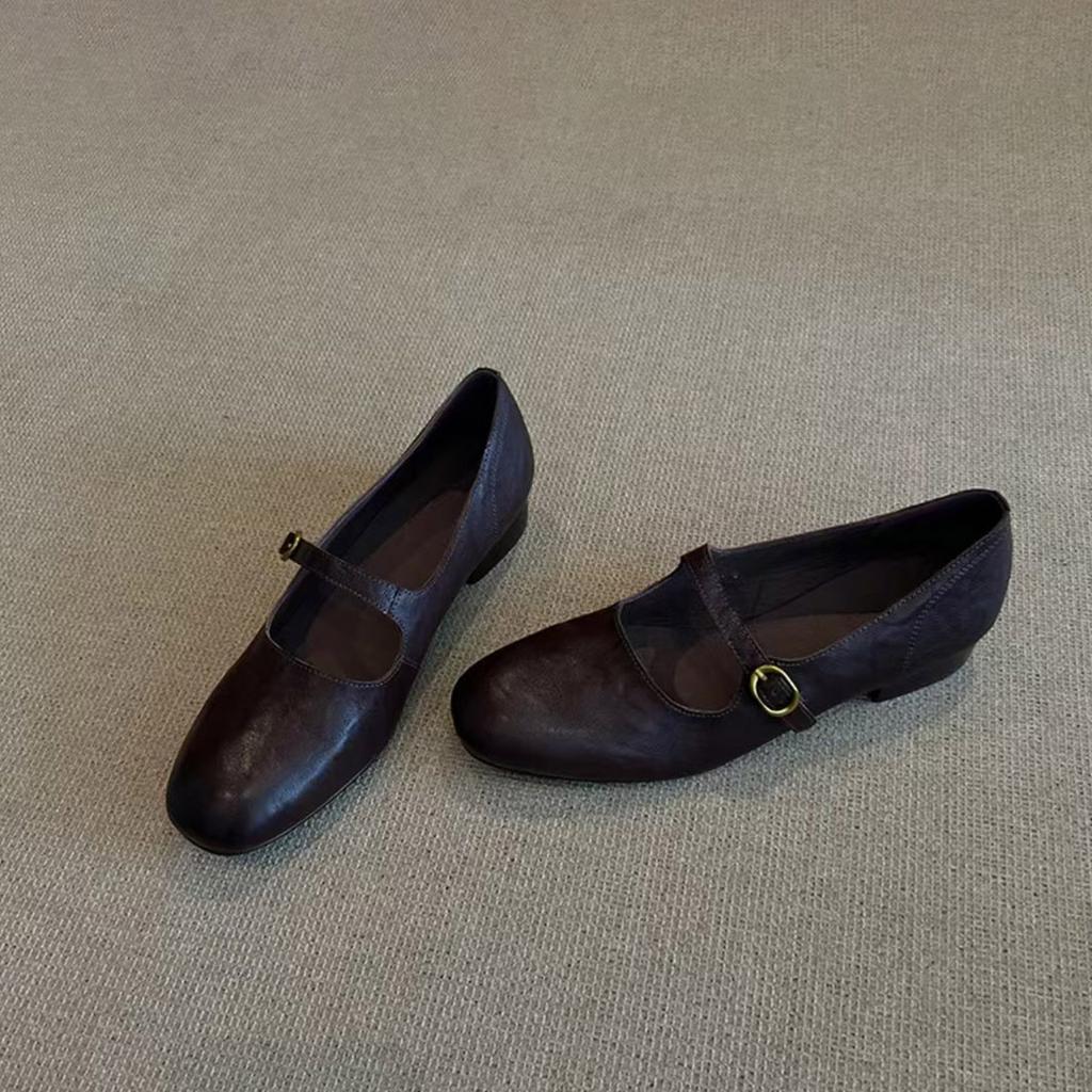 Sheepskin Version~ Shallow Leather Versatile One-word Buckle Flat Mary Jane Shoes Women's Retro Simple Commuter Low-heeled Single Shoes