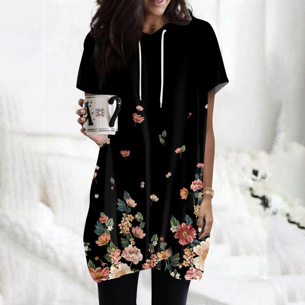 Women's  Hoodies Casual Short Sleeve Shirts Fashion Print Tunic Tops With Pockets