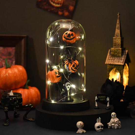 Preserved Black Roses In Glass Dome Halloween Light-up Eternal Flower In Cloche with Skull Pumpkin Statue for Home Kitchen Mantel Tabletop Decor
