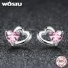 Genuine 925 Sterling Silver Double Heart Shape Pink CZ Romantic Stud Earrings For Women