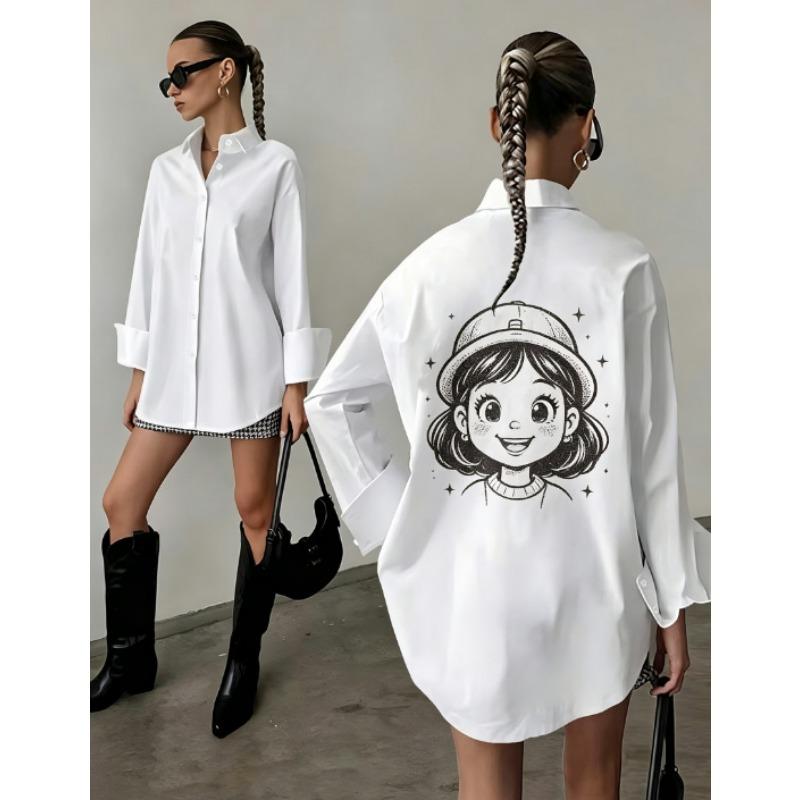 Women S White Long Sleeve Printed Mid Length Casual Shirt