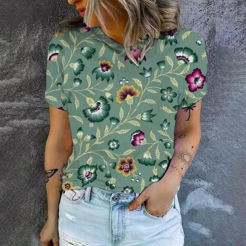 Elegant Women's T-shirt Fashion Retro Flower 3D Pattern Print T-shirt Women's Short Sleeved T-shirt Summer Leisure T-shirt