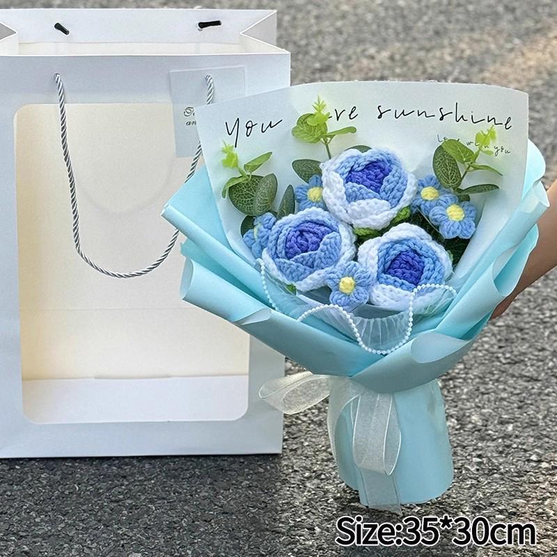 Mother'S Day Crochet Bouquet Finished Hand-Woven Artificial Flower Graduation Season Girl Friends Birthday Bouquet With Gift Bag
