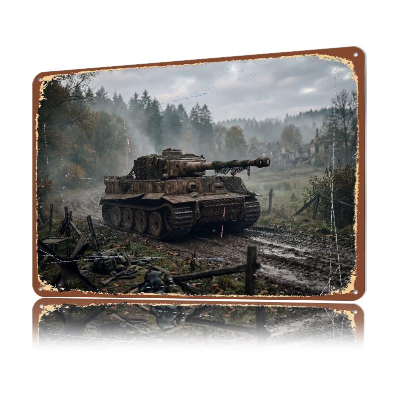Tiger Tank in Muddy Landscape D Printed Texture Poster Personalized Wall Art Retro Metal Tin Signs for Office Decoration Gaming