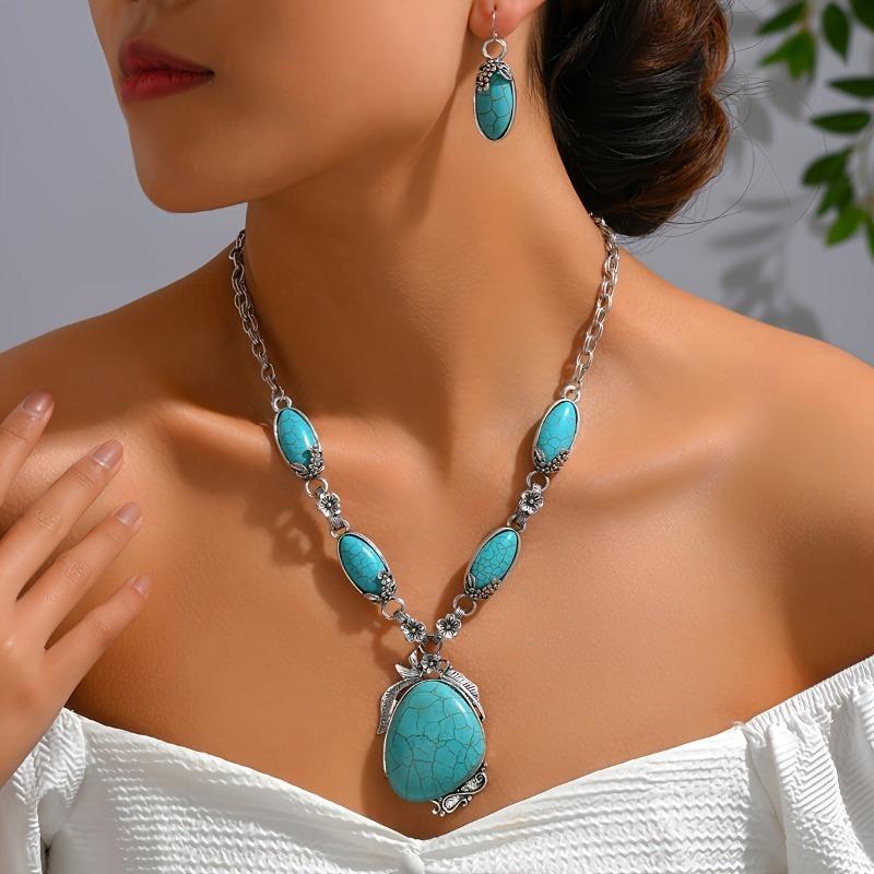 Retro Bohemian Style Synthetic Turquoise Necklace Earring Set Fashionable Personalized Jewelry Gift
