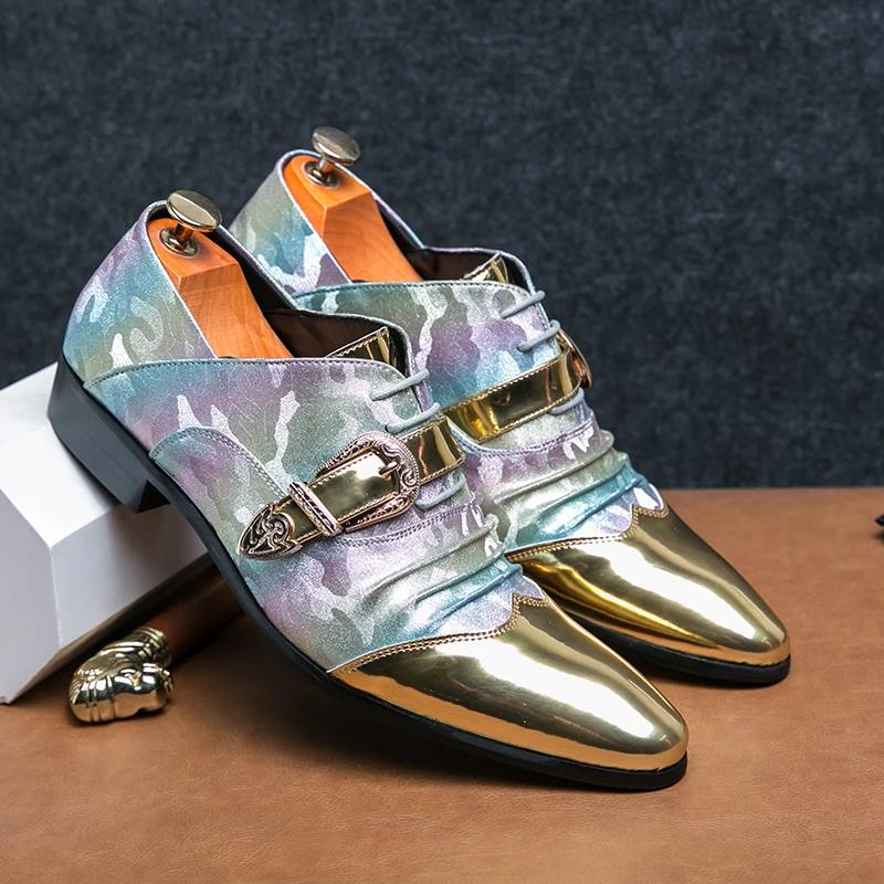 Fashion Designer New Golden Men Dress Leather Shoes For Male Luxury British Colours National Pattern Oxfords Gentleman Wedding Footwear