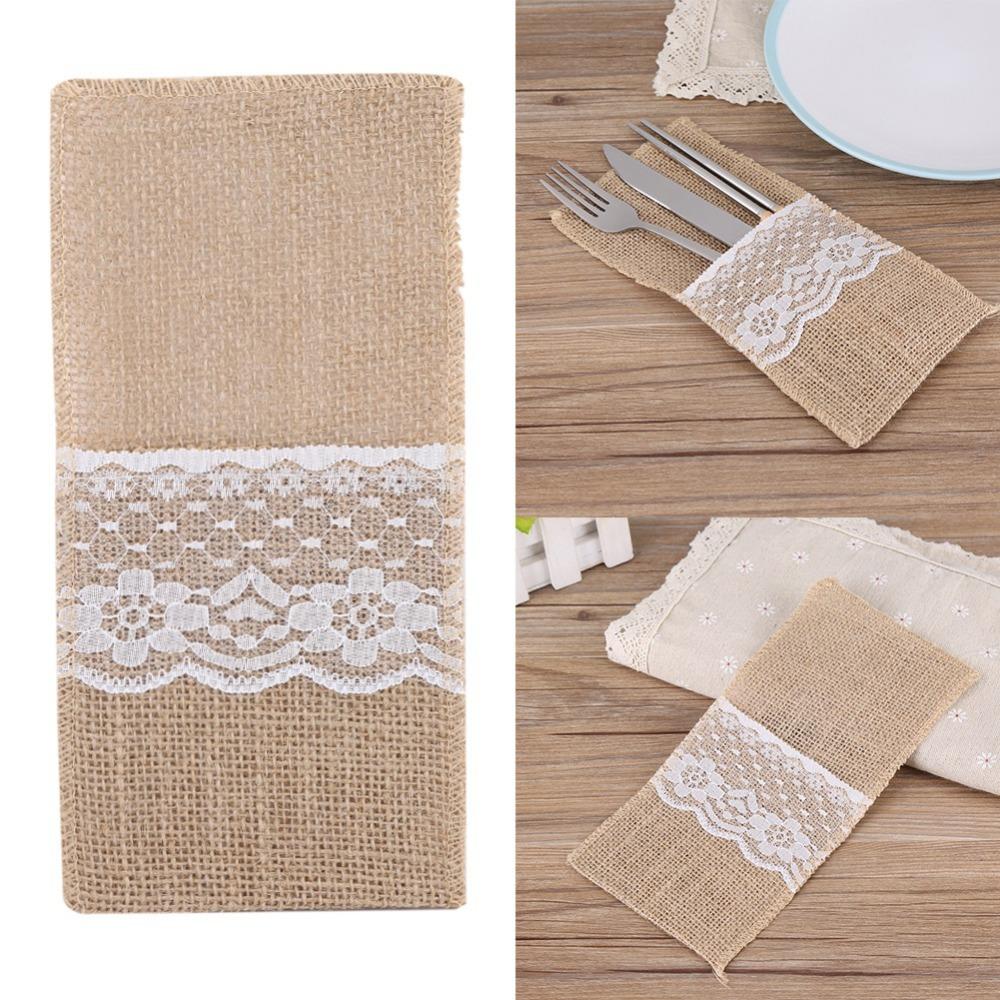 10Pcs Burlap Tabbleware Holder Lace Silverware Bag Lightweight Napkin Bag Wedding Party