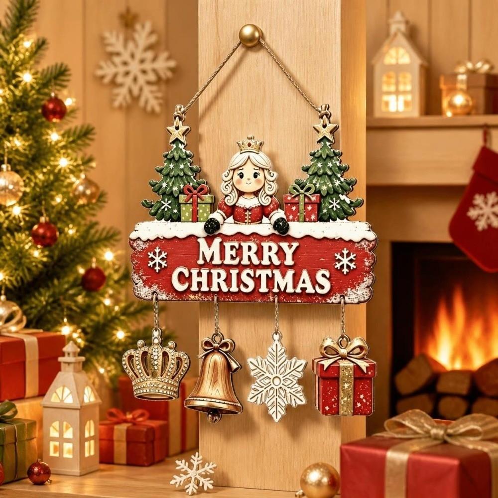 Wooden Christmas Door Hanging Reindeer Santa Claus Christmas Ornaments Snowflake Bell Princess Xmas Wall-mounted Pendants