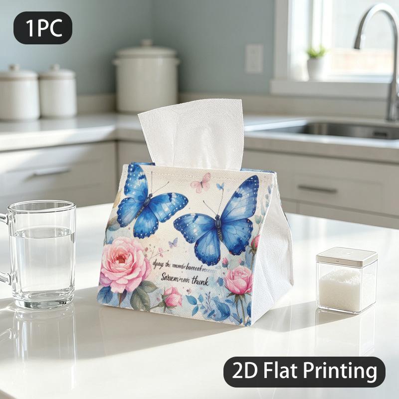 1pc Tissue Box, Watercolor Butterflies Roses Gentle Sweet Pattern, 2D Flat Printing, Lightweight, Built to Last, Tissue Holder, for Countertop