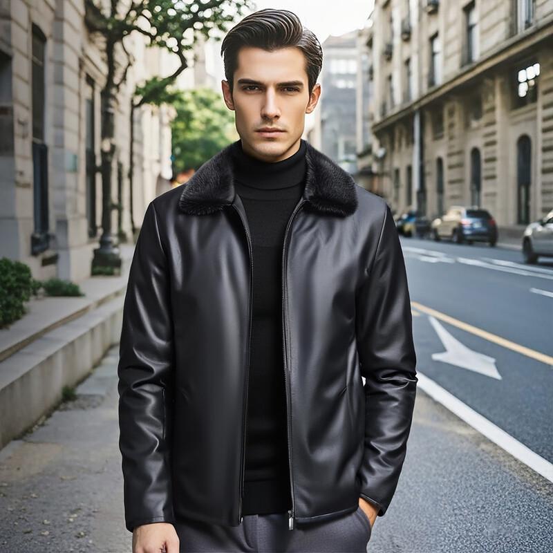 Futin Men's Winter Top-Grain Cowhide Leather Jacket with Mink Fur Collar