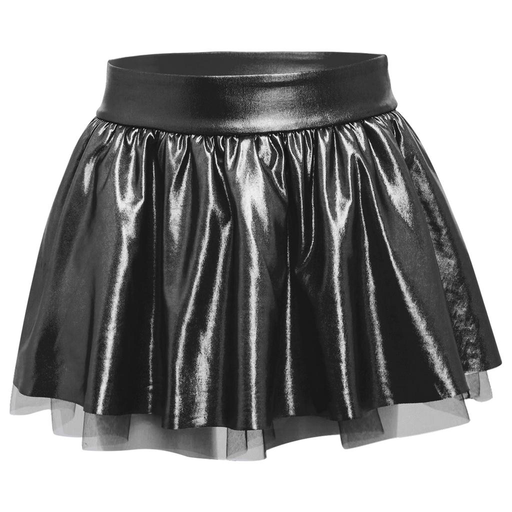Girls Dancewear Off Shoulder Sleeveless Metallic Ruffle Crop Top and Shiny Tutu Skirt for Stage Competition Party Wear