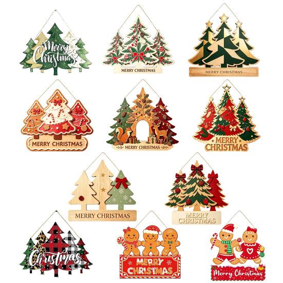 Winter Festive Home Decorations Christmas Wooden Sign Hanging Ornament, Multi-Layer Tree Wood Plaque Rustic Holiday Wall Decor with Rope, Merry