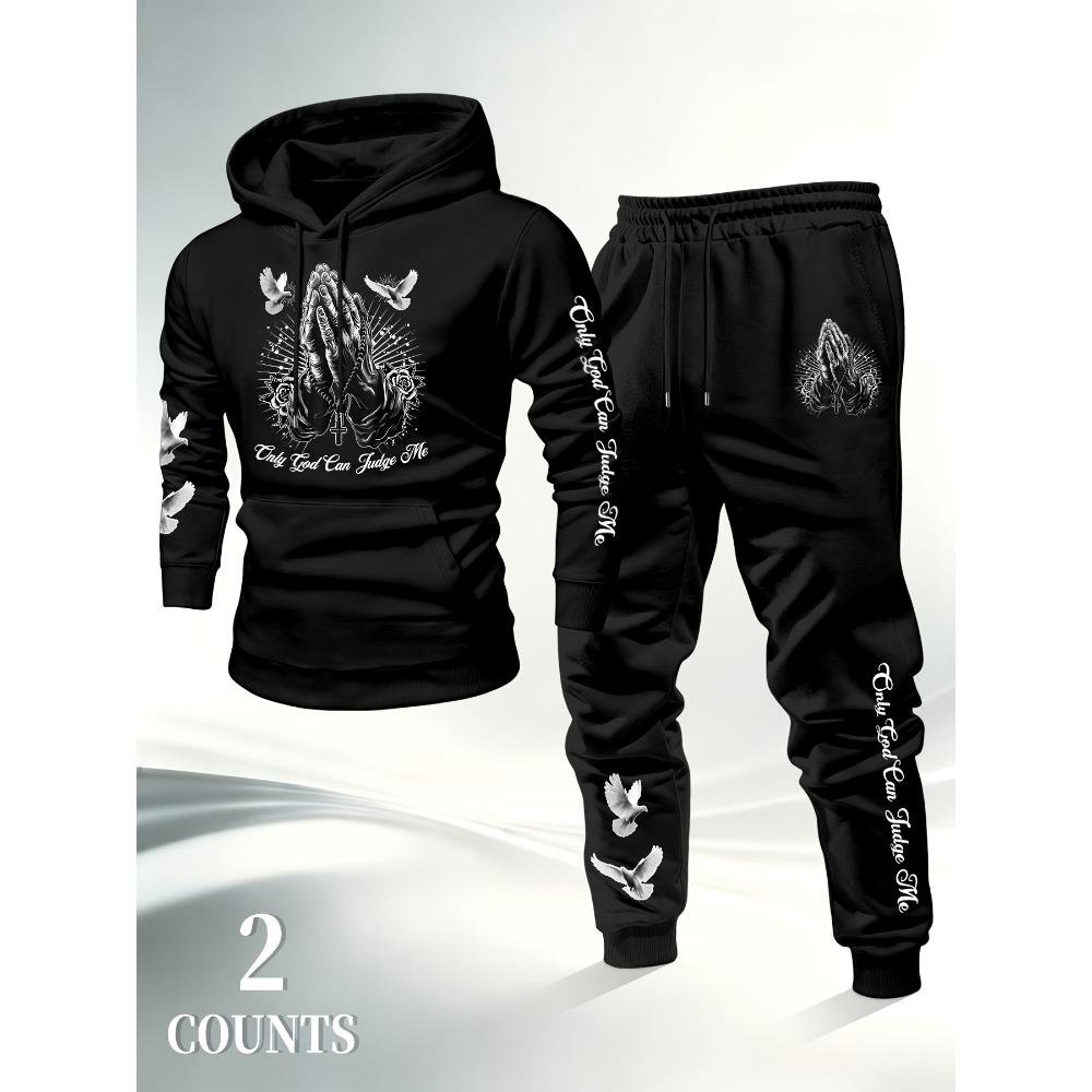 Men's Prayer Hand Peace Dove Printed Hoodie Set Drawstring Foot Tight Two Piece Set Trendy Retro Casual Sports