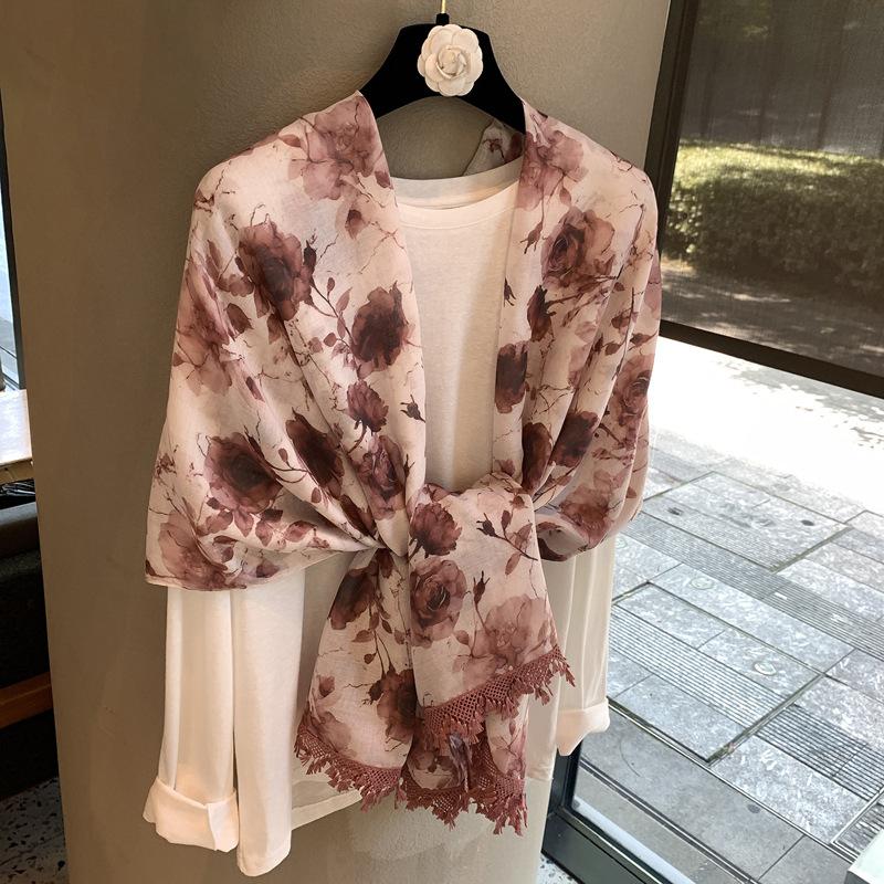 Summer Shawl Women'S Big Cape Scarf Camellia Fashion Versatile Thin Sunscreen Scarf Silk Shawl