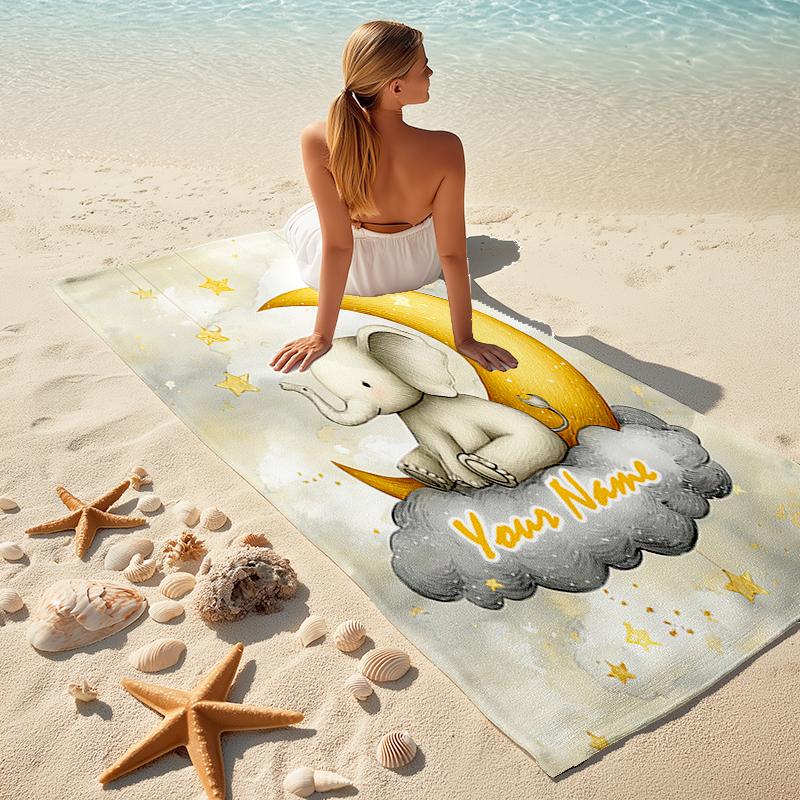 1PC Custom Name Elegant Elephant Moon Night Beach Towel Highly Absorbent And Sand-Resistant Towel for Swimming, Pool, Yoga, And Travel Lightweight