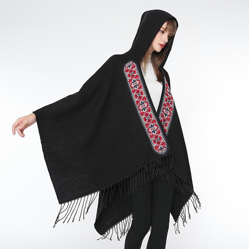 Autumn and Winter Style Imitation Cashmere Scarf, Women's Retro Fringed Embroidered Hat, Thickened Shawl, Cape