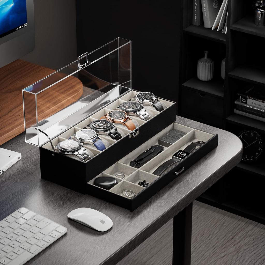 ProCase Часы Вмещает 6 или 10 Часы Витрина с Прозрачной Акриловой Крышкой и Органайзер для Часов Мужской Кейс, Часы, 2-ярусный Ящик, Мужской