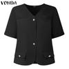 VONDA Женская блузка с V-образным вырезом, коротким рукавом, застегивающаяся на пуговицы, повседневная, элегантная, укороченная
