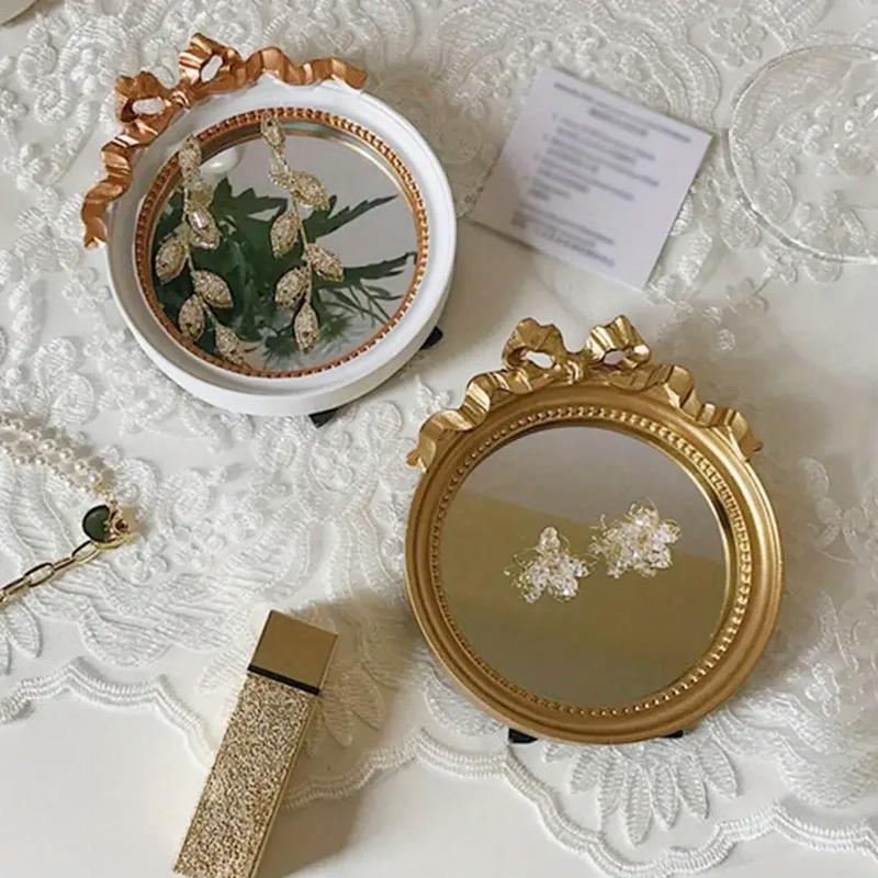 1PC Vintage Resin Jewelry Dish Mirror Tray Antique-style Resin Vanity Set Gift & Versatile Accent 10.5x12cm
