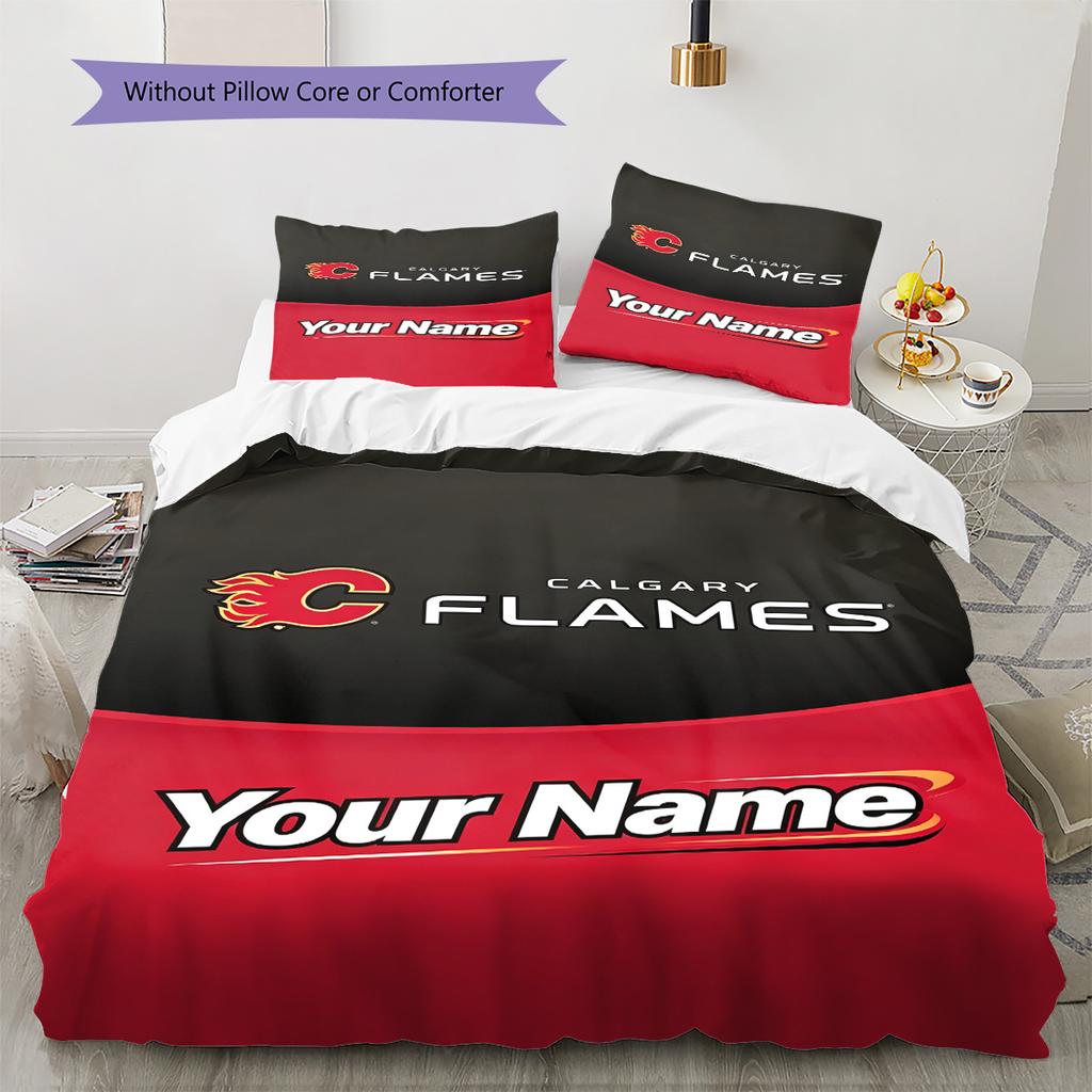 Name Custom Calgary Flames Art Pattern Bedding Set Quilt Cover Pillowcase Home Decor Gift (1 * duvet cover + 2 * pillowcase, without core)