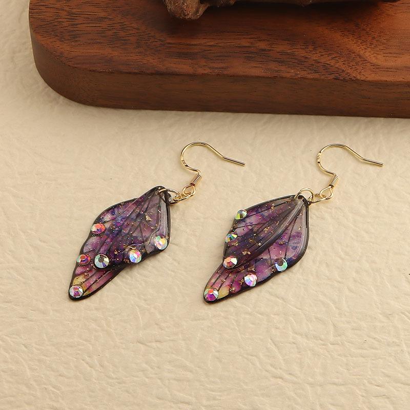 Colorful Resin Rhinestone Double Butterfly Wing Dangle Earrings for Women Wedding Holiday Jewelry