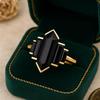 Wedding Engagement Anniversary Promise Gift – Black Onyx Geometric Ring, Yellow Gold Plated Art Deco Statement Gemstone Jewelry for Women