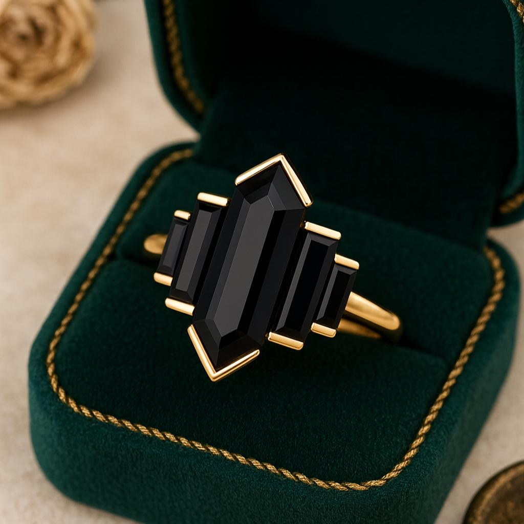 Wedding Engagement Anniversary Promise Gift – Black Onyx Geometric Ring, Yellow Gold Plated Art Deco Statement Gemstone Jewelry for Women