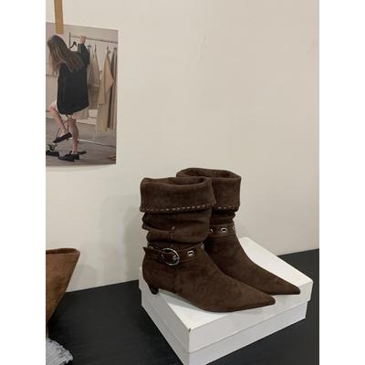 2025 новые ретро узкие универсальные ковбойские сапоги на скошенном каблуке с острым носком женские замшевые короткие сапоги модные сапоги-чулки