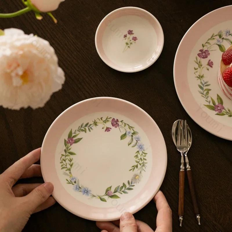 Керамические тарелки с цветами во французском стиле, розовые, в стиле ретро, для десерта, небольшого торта, столовая тарелка, для домашнего чаепития, изысканная столовая посуда