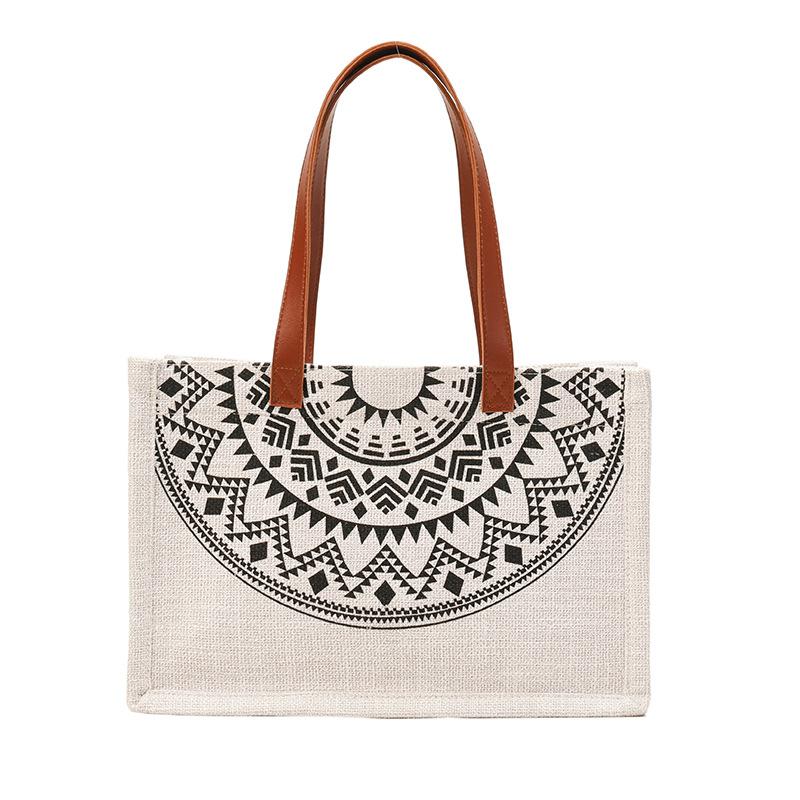 Large Capacity Ethnic Style Shopping Bag Women's 2024 New Simple Portable Tote Bag Class Commuting Cotton and Linen Handbag