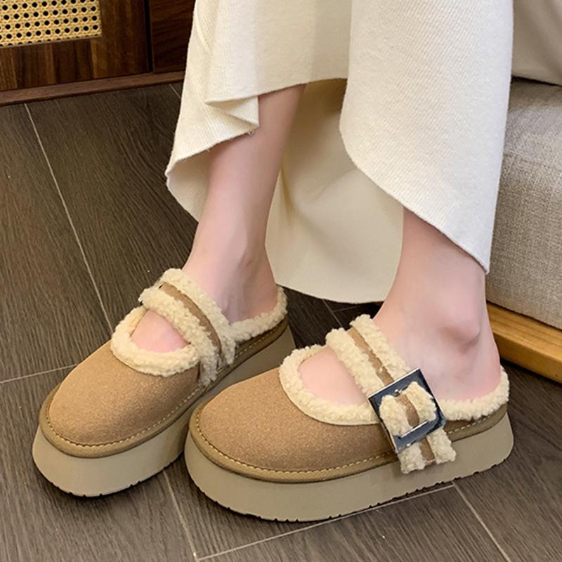 Меховые балетки женские тапочки короткие плюшевые туфли на платформе из хлопка с мелкой пряжкой повседневная обувь 2024 года тренд дизайнер пряжка Zapatos Femme