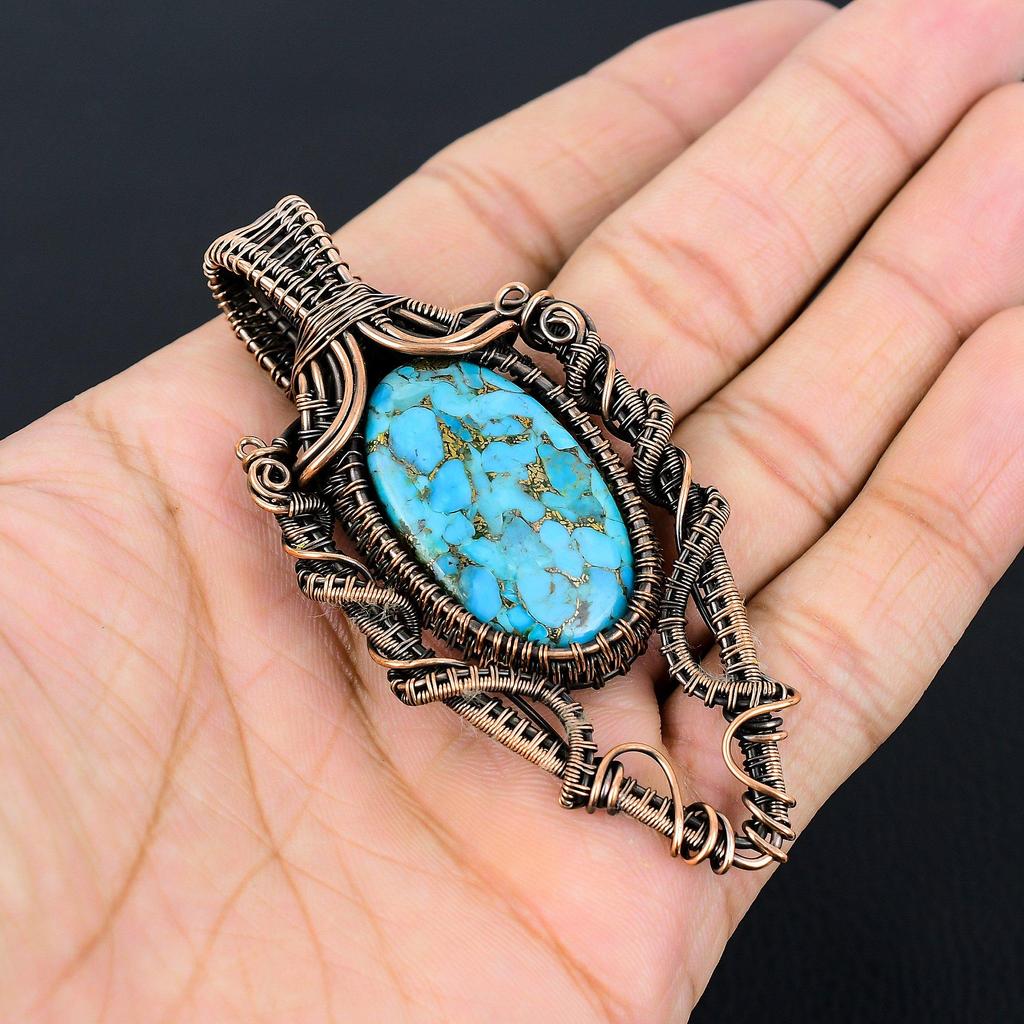 Медный бирюзовый драгоценный камень ручной работы из медной проволоки, ювелирный кулон для женщин