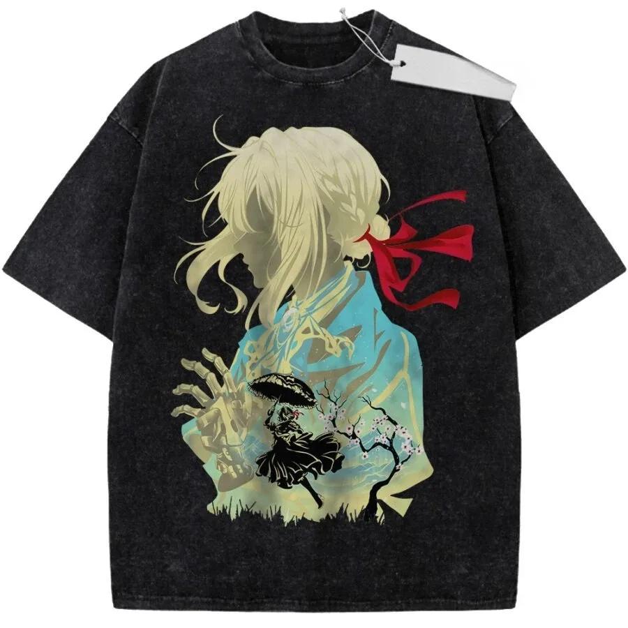 Винтажная свободная стираная футболка Violet Evergarden, Одежда с индивидуальностью, Для любого сезона, Ретро модный стритвир, Модная и мягкая