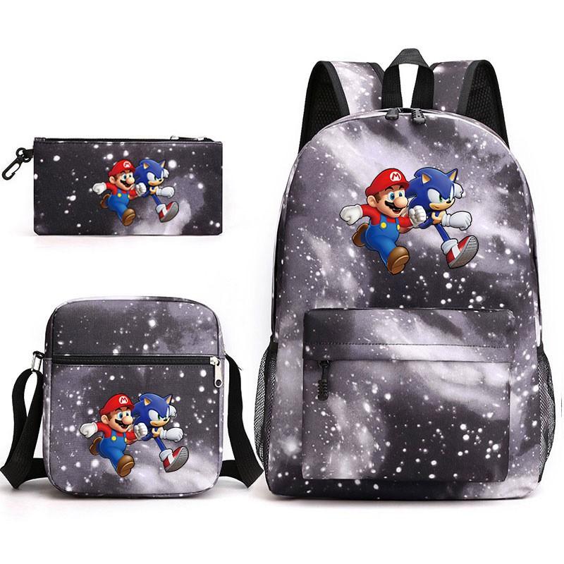 Mario Sonic Themed Kids Backpack Set Boys Girls School Travel Lightweight Oxford Fabric Dual Shoulder Bag 20L Capacity