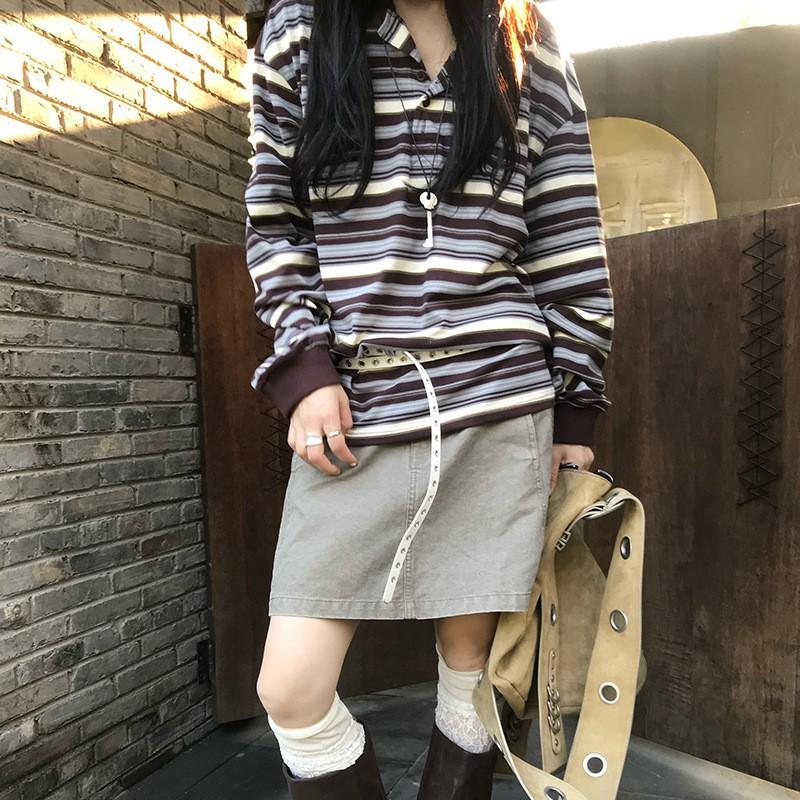 2026 Korean Style Loose Striped T-Shirt Women Slim Fit Half-Open Neck Long Sleeve Casual Top