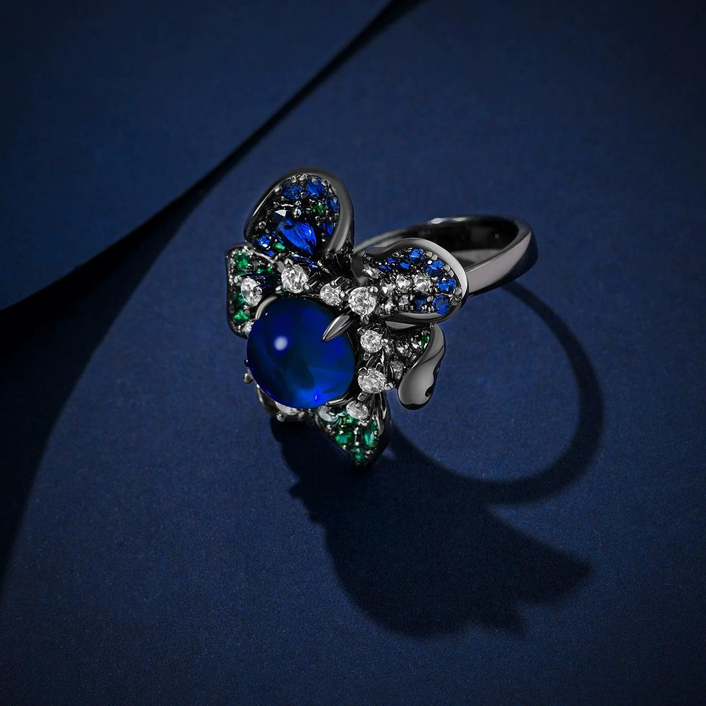 WUIHA Vintage 925 Sterling Silver 10 MM Lab Sapphire High Carbon Diamonds Gemstone Wedding Engagement Flower Ring Fine Jewelry