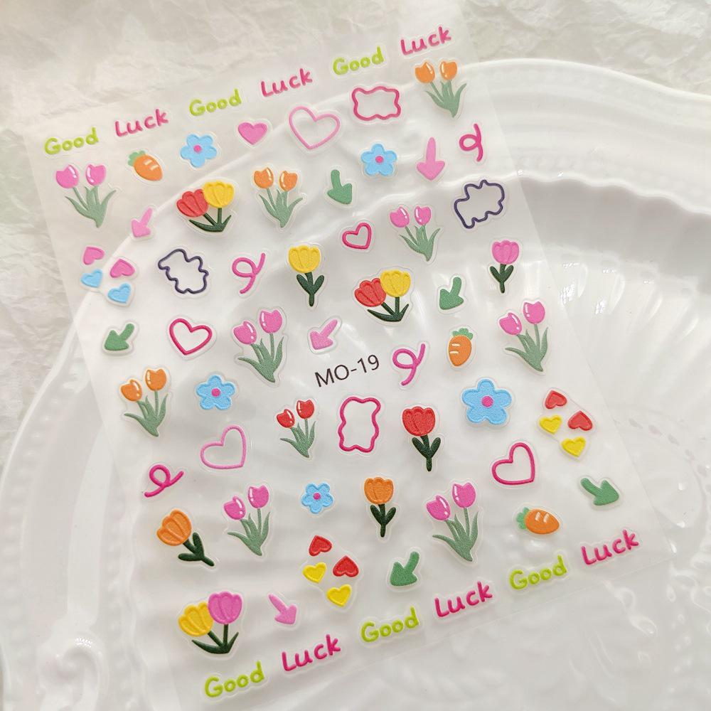 Наклейки для нейл-арта с цветочным и мультяшным рисунком: Цветы, ромашки, тюльпаны, кролик, любовь, бабочки.