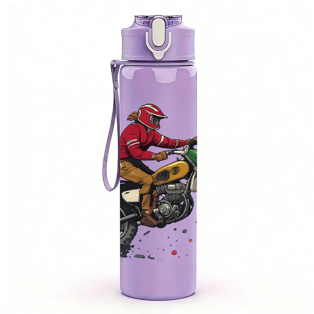 1PC Biker Rider Motorbike Pattern 750ml Color Plastic Sports Water Bottle Leakproof Flip Straw Lid Suitable for Sports Office Home Use