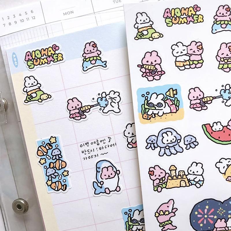 1/3 Sheets Korean Cute Graffiti Style Rabbit Cartoon Stickers Kawaii Animal Decals Hand Account Diary Scrapbook Sticker