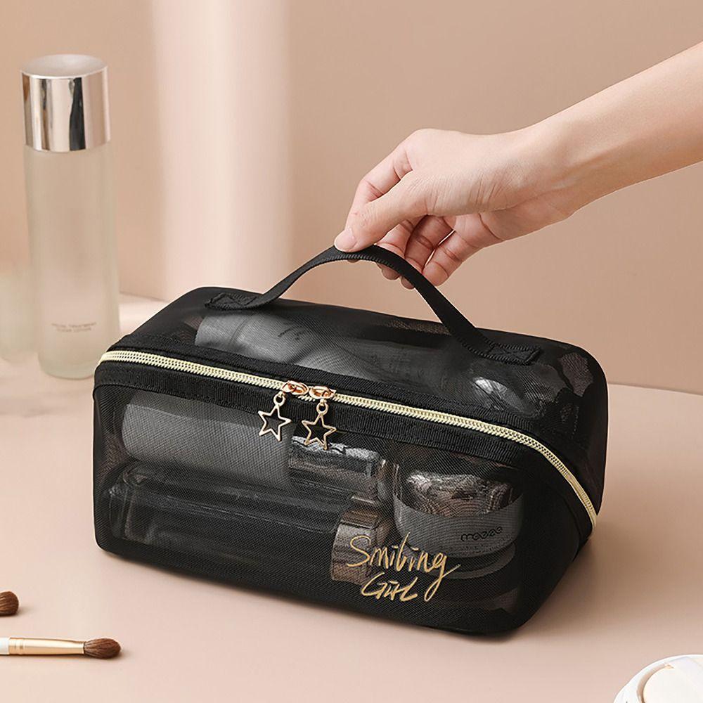 Простая сетчатая косметичка большой емкости со звездной молнией, черная серая косметичка для путешествий, удобный несессер для туалетных принадлежностей