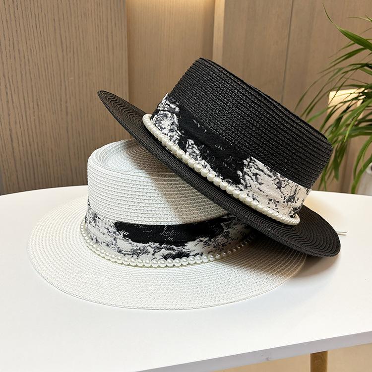 White Pearl French Celebrity Flat Top Top Hat Women's New Summer Elegant Straw Beach Hat Sunscreen Shade Straw Hat