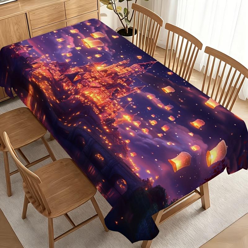 "Party Tablecloth/Tablecover" Magical Lantern Festival Tablecloth with Floating Paper Lamps And Castle Glow, Durable Polyester, No Electricity Needed,