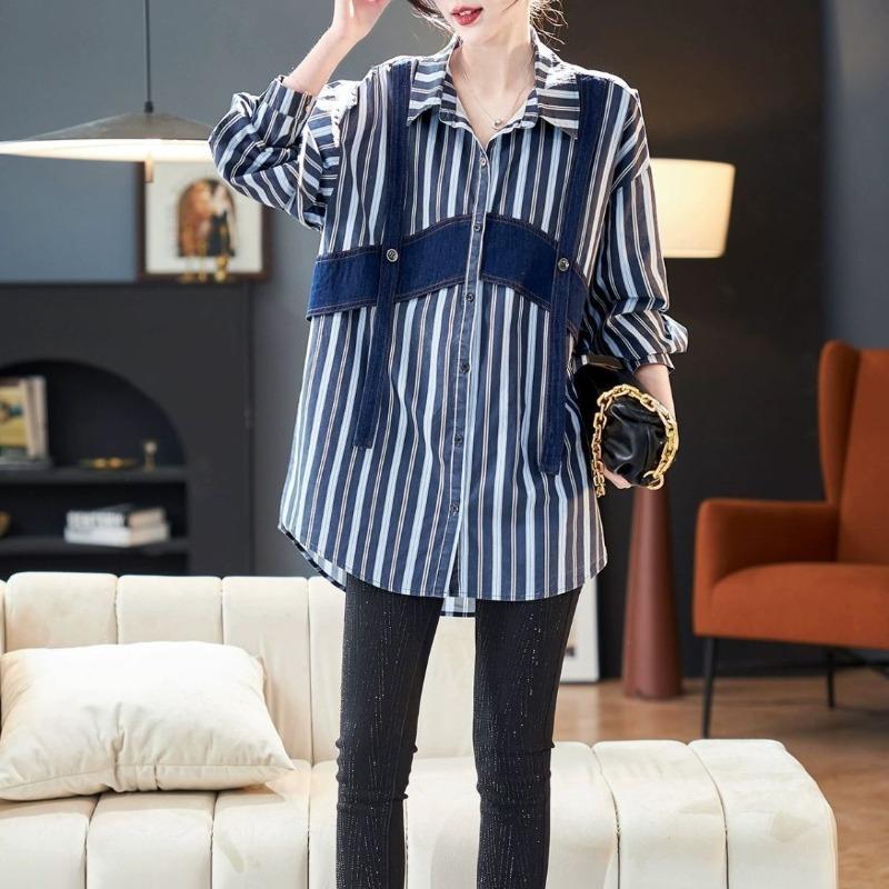 Модная джинсовая рубашка в стиле пэчворк для женщин с полосками, модный весенний дизайн в корейском стиле