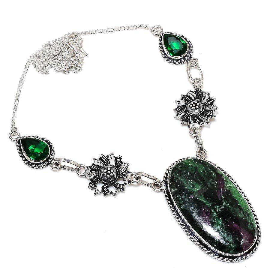 Ruby Zosite, Diopside Gemstone Handmade 925 Sterling Silver Jewelry Necklace 18"