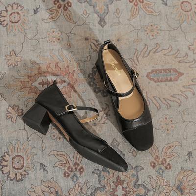 875-2 Темперамент ретро маленький квадратный носок толстый каблук Мэри Джейн туфли-лодочки женские с ремешком на подъеме 2025 новые универсальные туфли на высоком каблуке