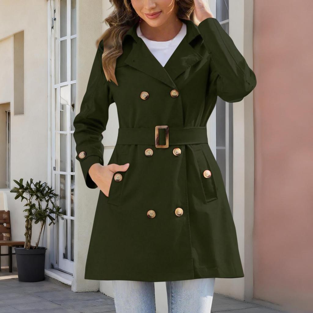 Women's Fashion Solid Color Collar Long Sleeve Double Breasted Windbreaker With Belt Coat