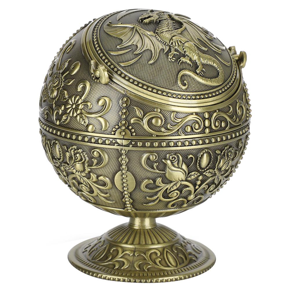 Ashtray with Lid Vintage Ashtray Dragon Pattern Tellurion Shape Zinc Alloy with Lid Windproof Home Decor Craft Windproof Ashtray