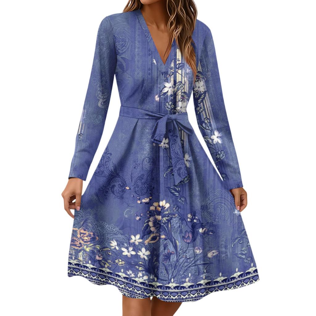 Women's Fashion Casual V-Neck Long Sleeve Waist Floral Print Midi Dress