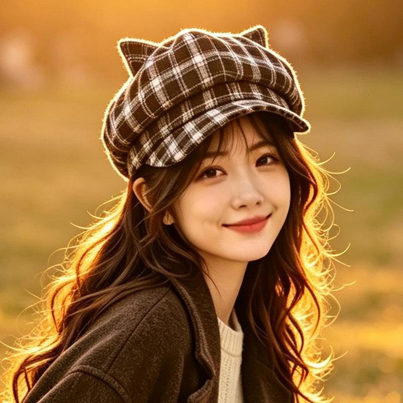 Autumn and winter Japan and Korea retro hat women's plaid simple versatile octagonal hat literary and sweet commuter newsboy hat