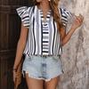 Summer Contrasting Striped Patchwork Shirt Women's Lotus Leaf Sleeve Top Shirt
